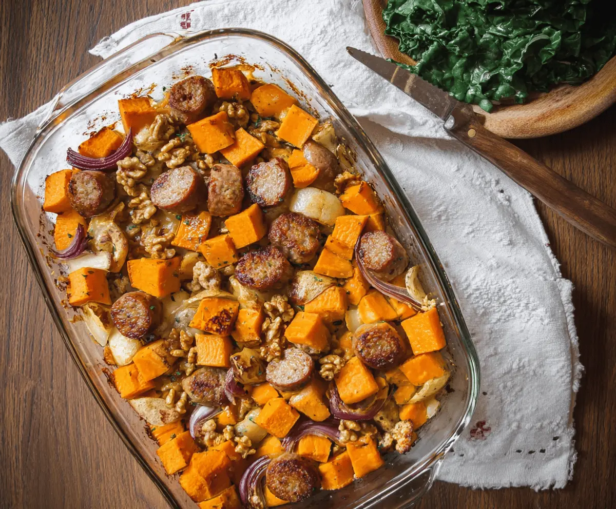 Delicious sausage and sweet potato casserole baked to perfection, featuring crispy edges and vibrant colors.