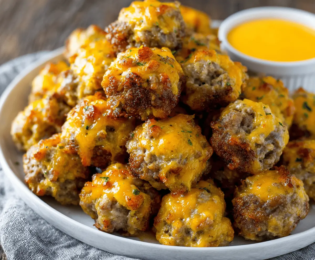 Golden baked sausage cheese balls on a plate, perfect for appetizer or snack ideas.