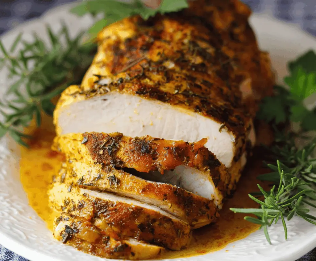 Juicy slow cooker turkey breast with golden brown skin served on a plate.