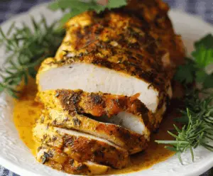 Juicy slow cooker turkey breast with golden brown skin served on a plate.
