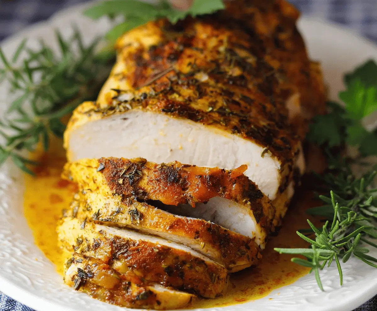 Juicy slow cooker turkey breast with golden brown skin served on a plate.