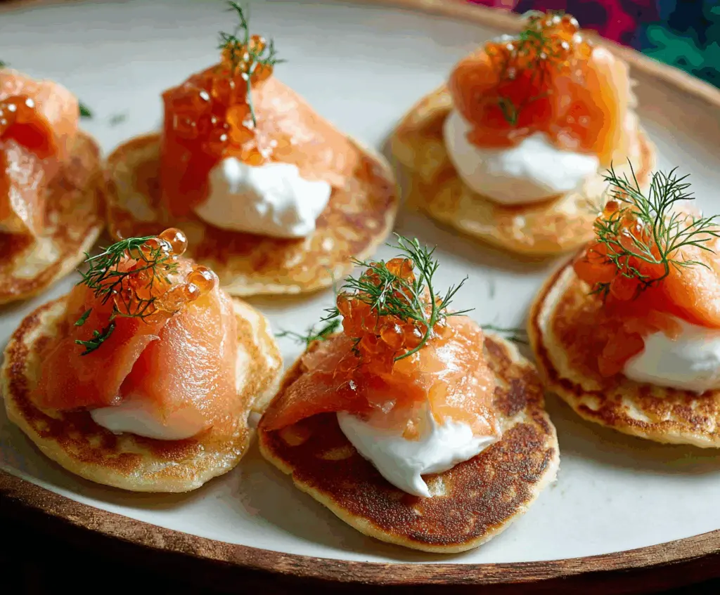 Delicious smoked salmon blini bites garnished with fresh herbs on a white plate.