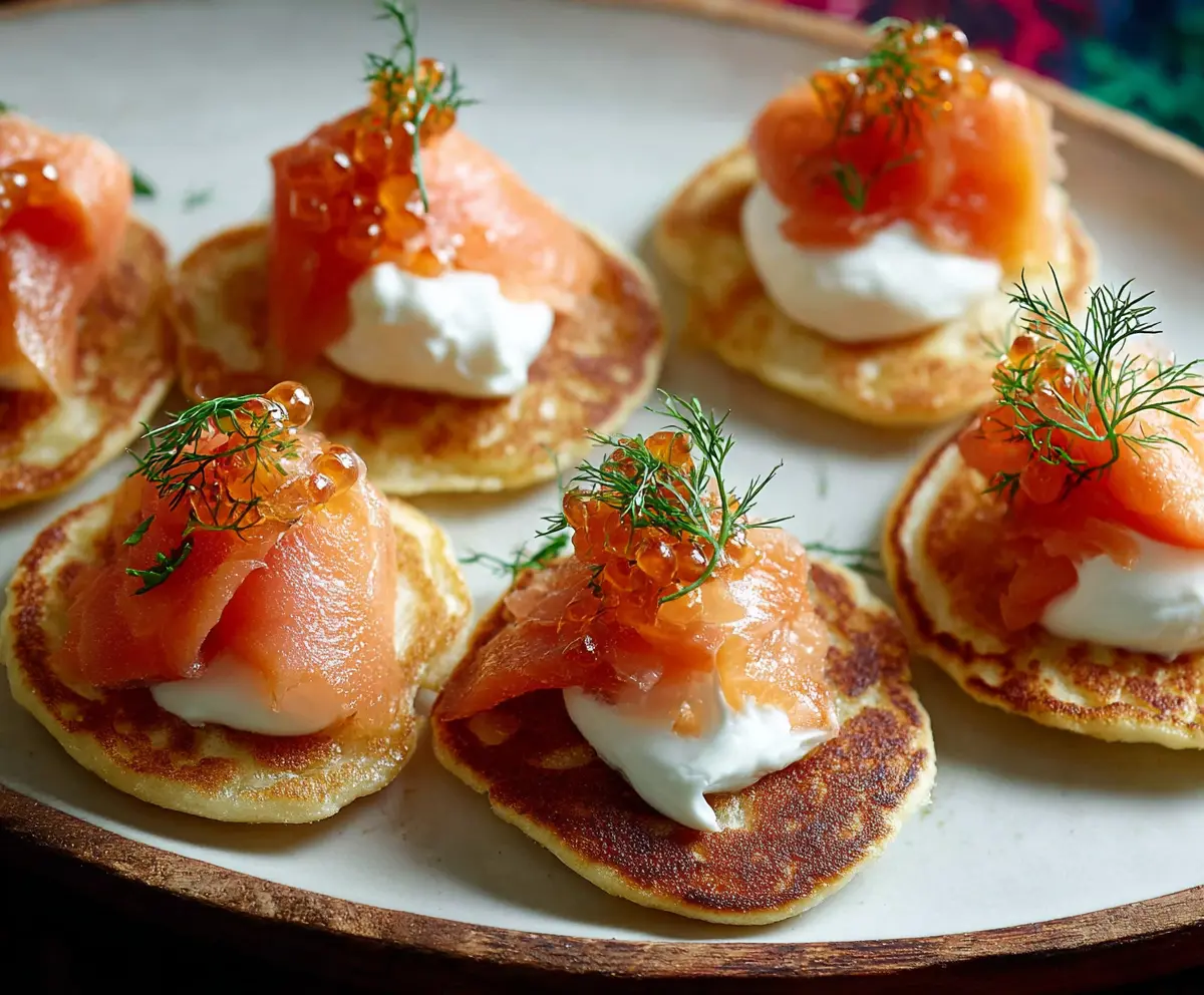 Delicious smoked salmon blini bites garnished with fresh herbs on a white plate.