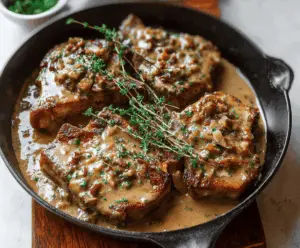 Delicious smothered pork chops in rich gravy served with mashed potatoes