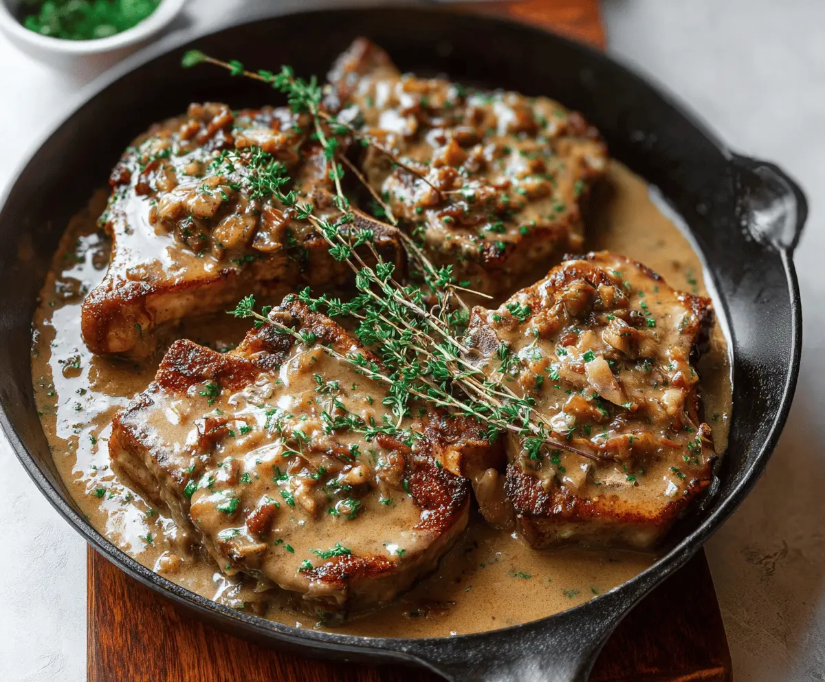 Delicious smothered pork chops in rich gravy served with mashed potatoes