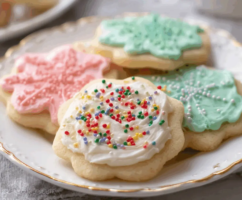 Delicious homemade sour cream sugar cookies decorated with colorful icing and sprinkles.