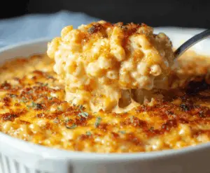 Creamy Southern baked mac and cheese with golden crust, perfect comfort food for dinner.