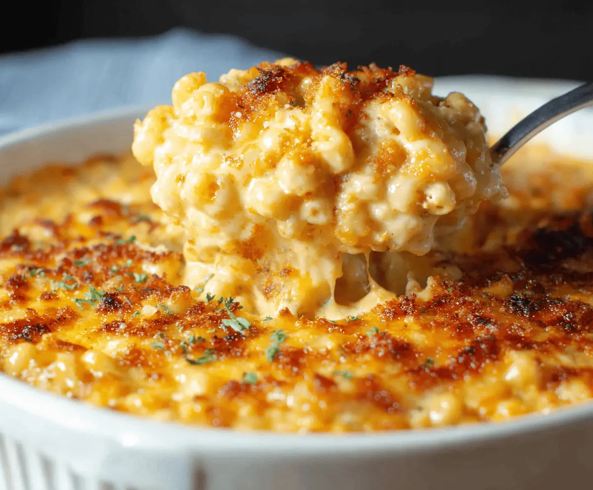 Creamy Southern baked mac and cheese with golden crust, perfect comfort food for dinner.