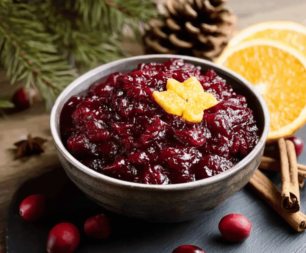 Vibrant homemade spiced cranberry sauce with orange zest and fresh ginger slices for holiday meals