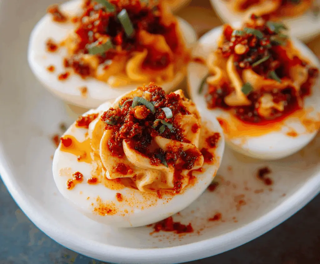 Delicious spicy chili garlic deviled eggs garnished with herbs on a white plate.