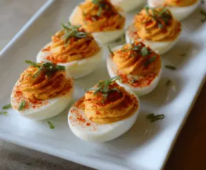 Creamy deviled eggs topped with a spicy Sriracha sauce drizzle, perfect for appetizer parties.