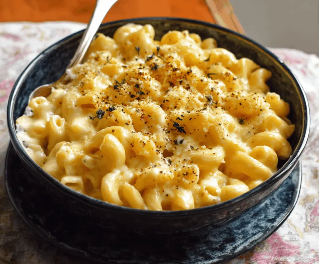 Creamy stovetop mac and cheese in a white bowl, topped with grated cheese and fresh herbs.