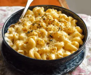 Creamy stovetop mac and cheese in a white bowl, topped with grated cheese and fresh herbs.