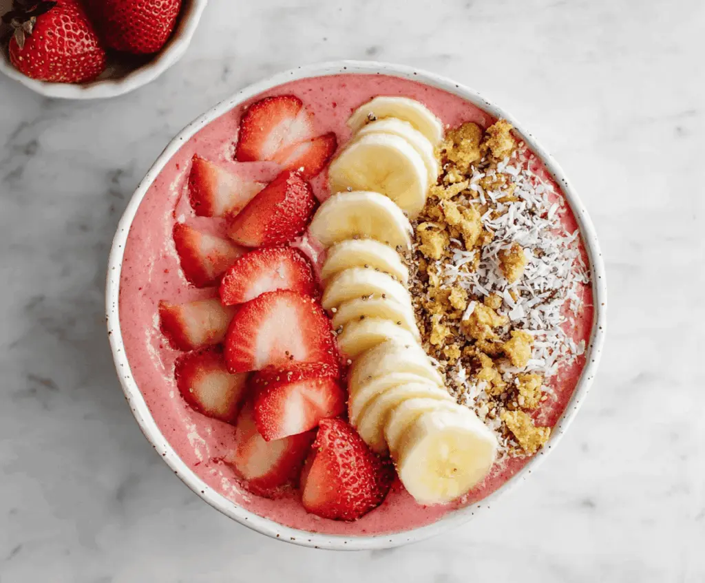 Fresh strawberry banana smoothie bowl topped with sliced strawberries and bananas, perfect for a healthy breakfast.