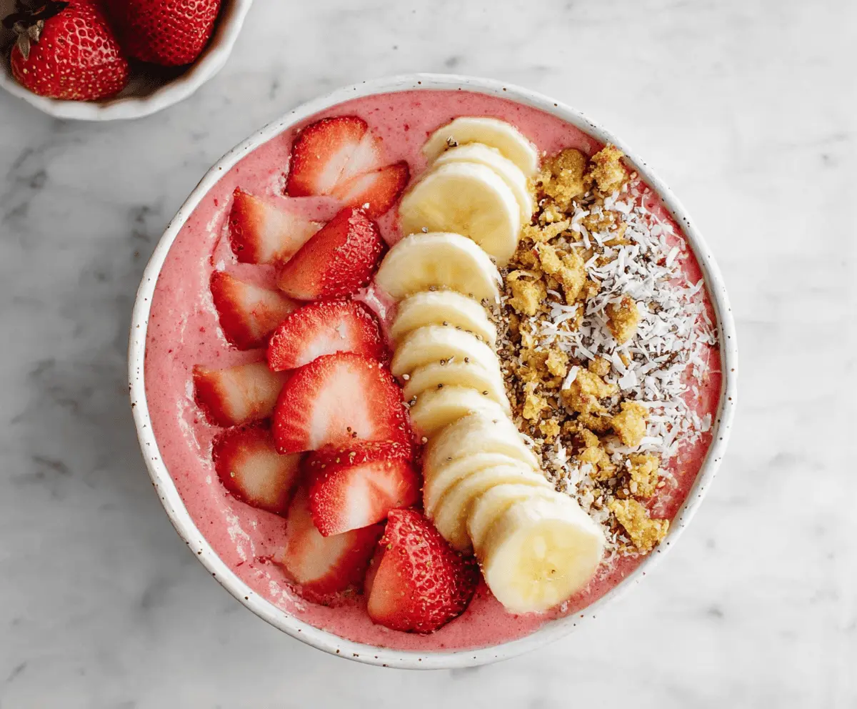 Fresh strawberry banana smoothie bowl topped with sliced strawberries and bananas, perfect for a healthy breakfast.
