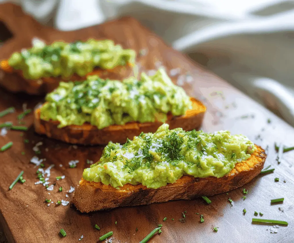 Delicious sweet potato avocado toast with fresh toppings on a rustic plate