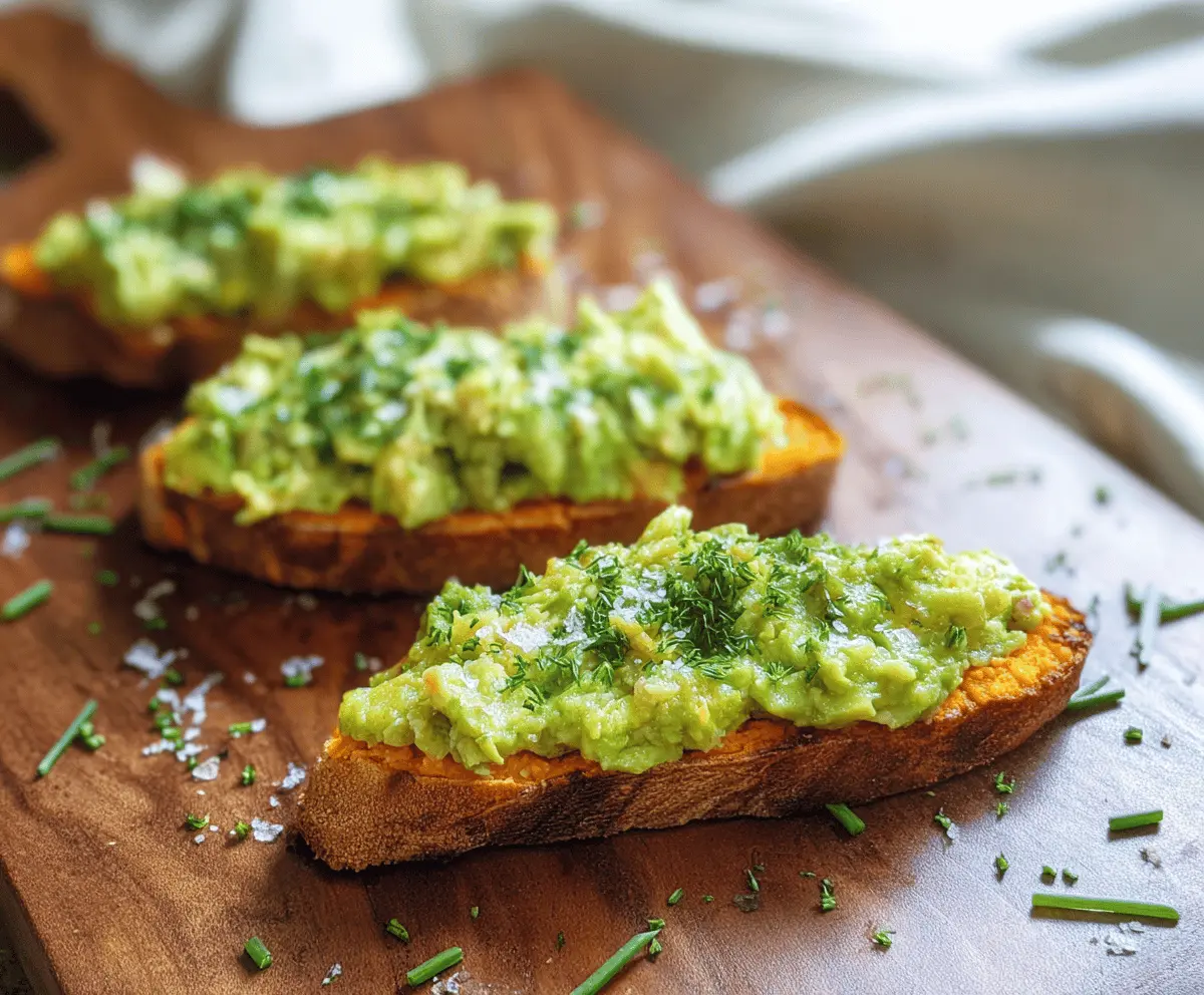 Delicious sweet potato avocado toast with fresh toppings on a rustic plate