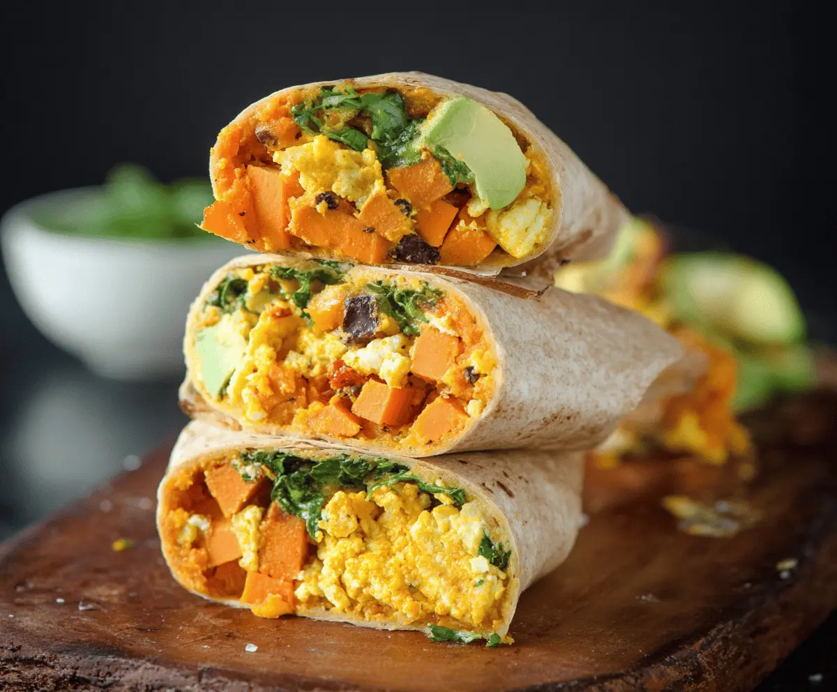 Delicious sweet potato breakfast burritos wrapped in tortillas, ready to enjoy for a healthy morning meal