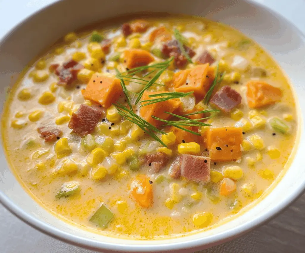 Creamy sweet potato and corn chowder served in a bowl, garnished with herbs.