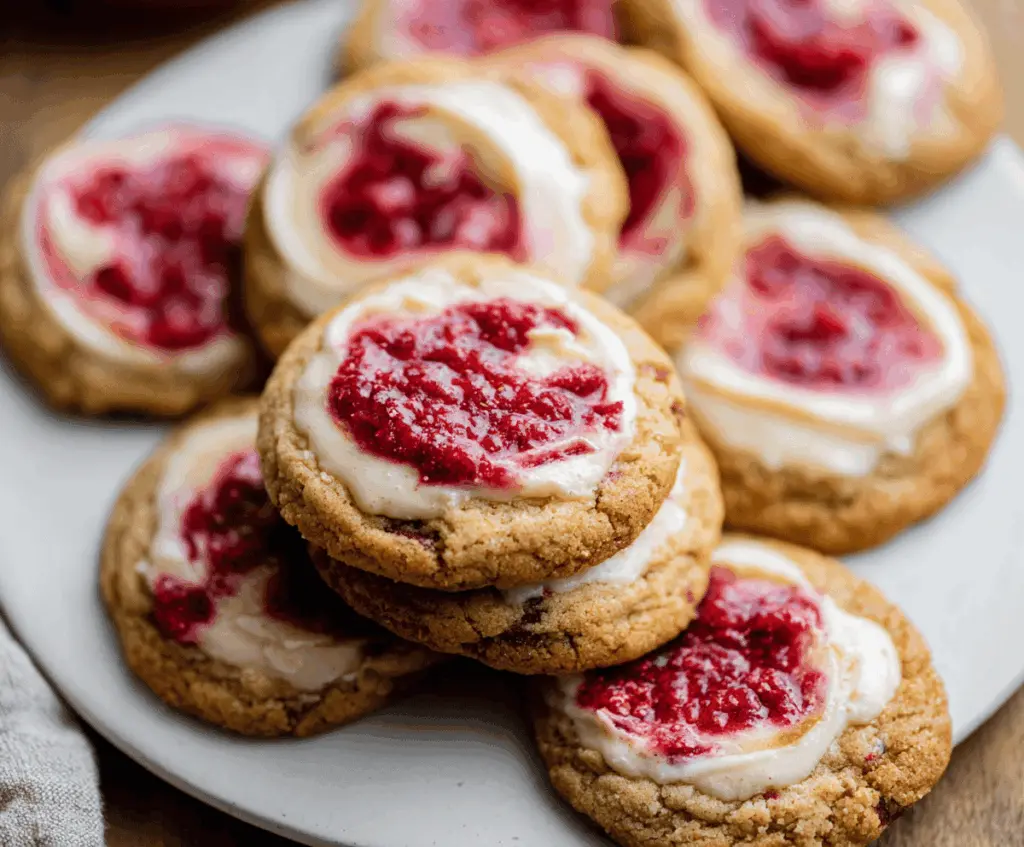Delicious swirled raspberry cheesecake cookies with a vibrant red swirl on top.