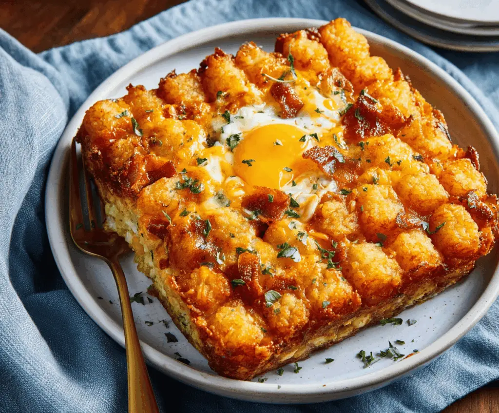 Delicious Tater Tot Egg Breakfast Casserole with melted cheese and fresh herbs on top.