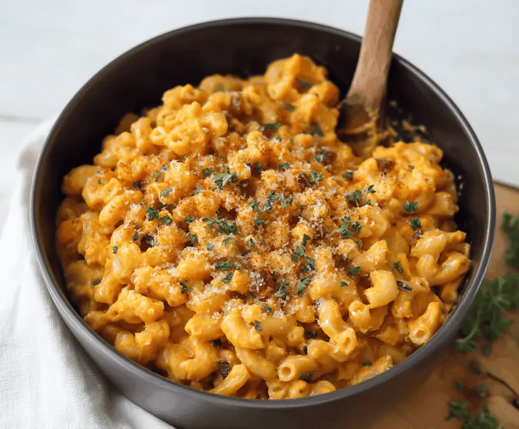 Creamy vegan sweet potato mac and cheese served in a white bowl with fresh herbs on top.