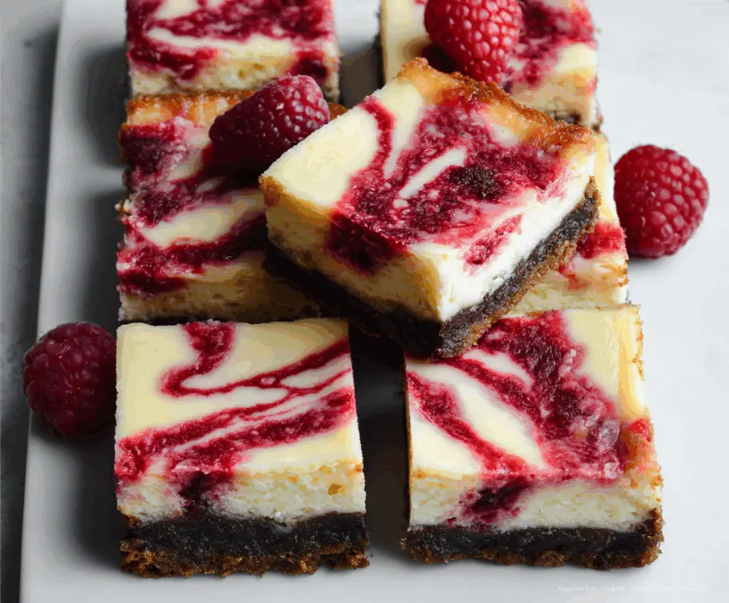 Delicious White Chocolate Raspberry Cheesecake Bars with creamy filling and fresh raspberry topping