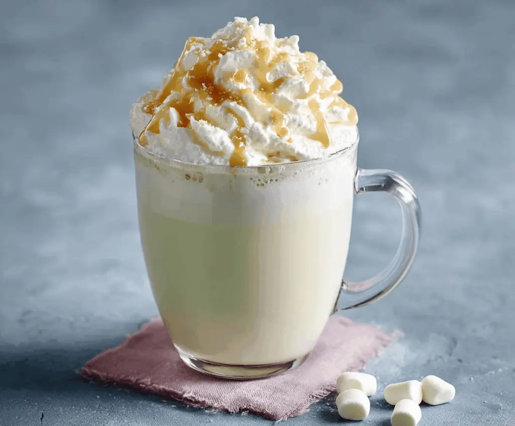Creamy white hot chocolate topped with whipped cream and marshmallows in a cozy mug.