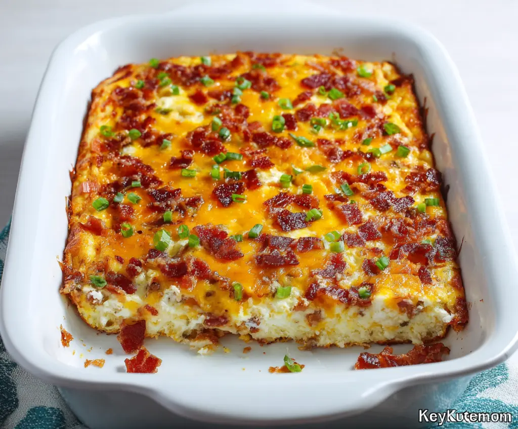 Delicious Amish Breakfast Casserole with eggs, cheese, and breakfast meats in a baking dish.