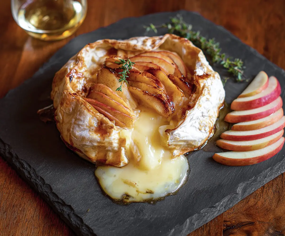 Delicious apple and brie cheese appetizer on a plate
