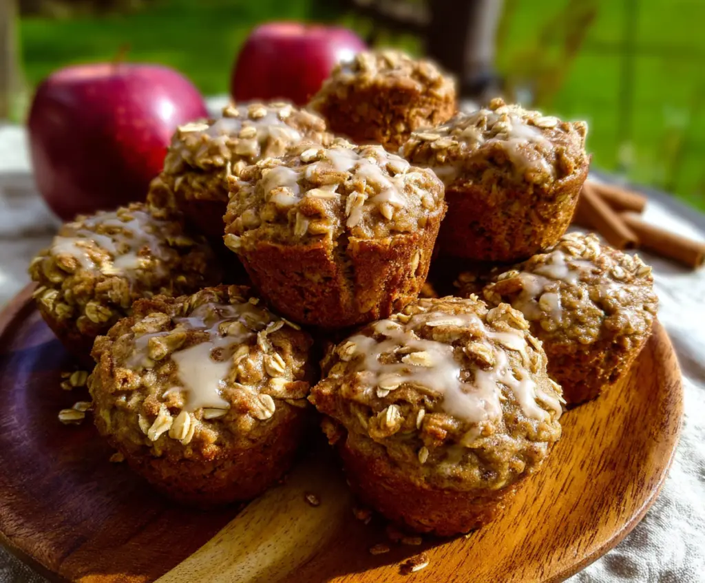 Delicious homemade apple cinnamon oat muffins on a rustic baking tray.