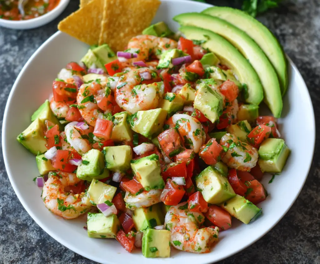 Fresh avocado and shrimp salad with vibrant salsa and greens on a plate.