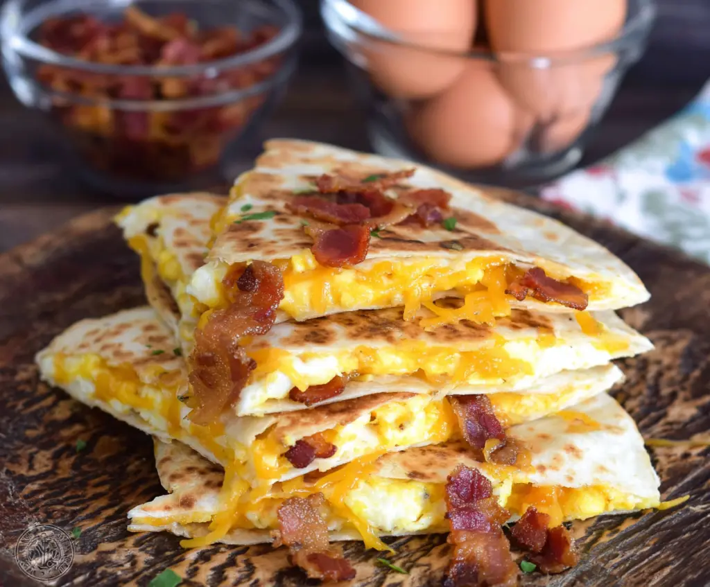 Delicious bacon, egg, and cheese breakfast quesadillas on a plate with melted cheese and crispy bacon.