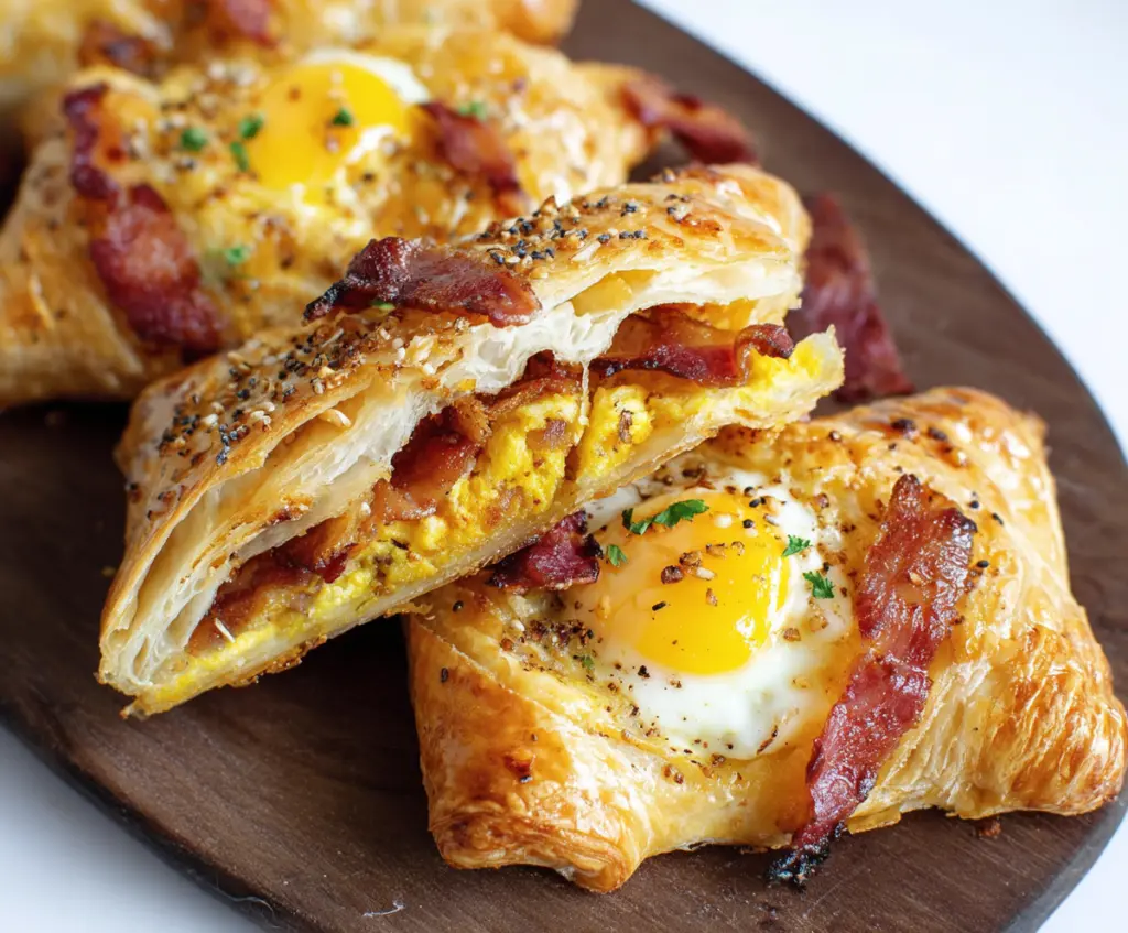 Delicious bacon, egg, and cheese puff pastry breakfast ready to serve.