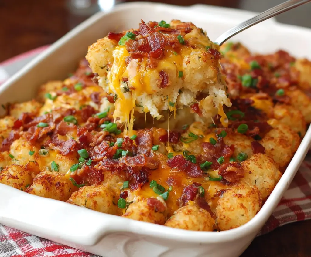 Delicious Bacon Egg and Tater Tot Casserole with crispy bacon and golden tater tots served in a baking dish.