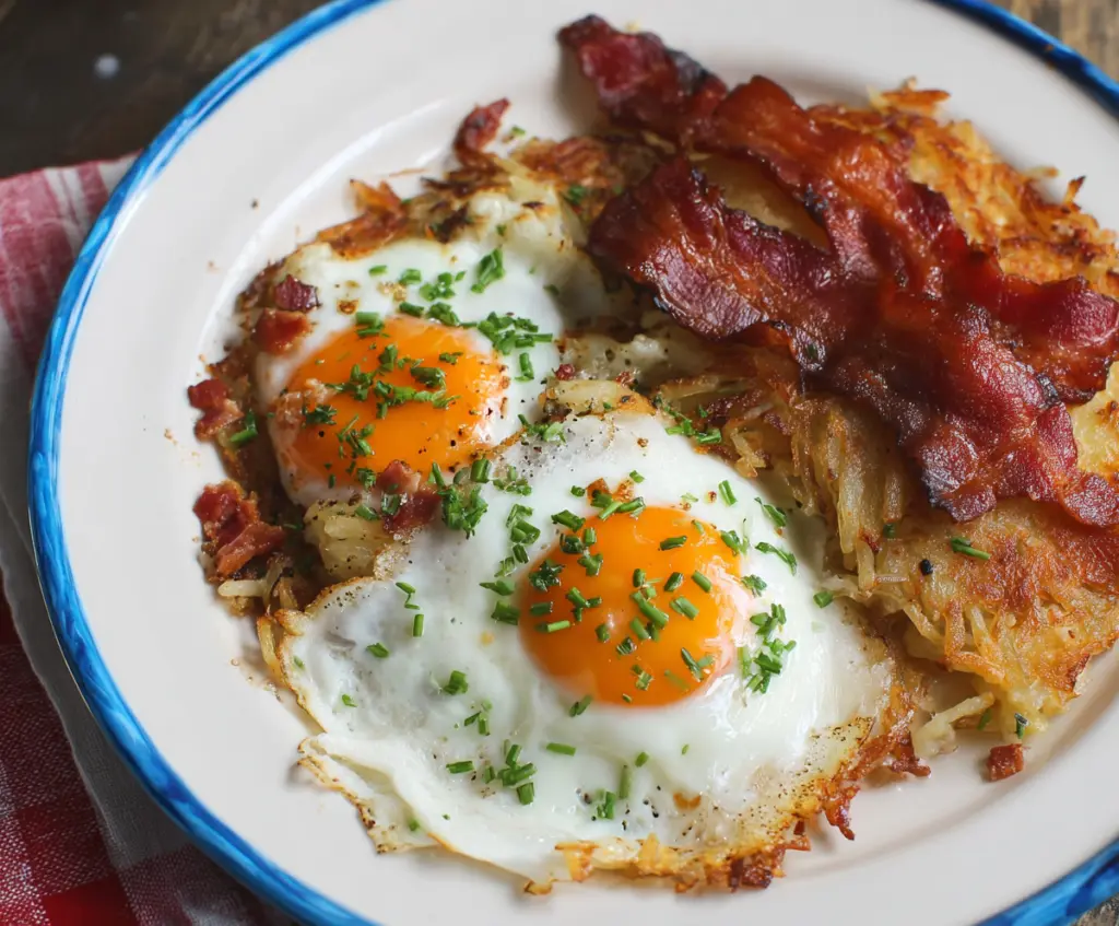 Savory bacon hash browns topped with sunny-side-up eggs, perfect for breakfast.