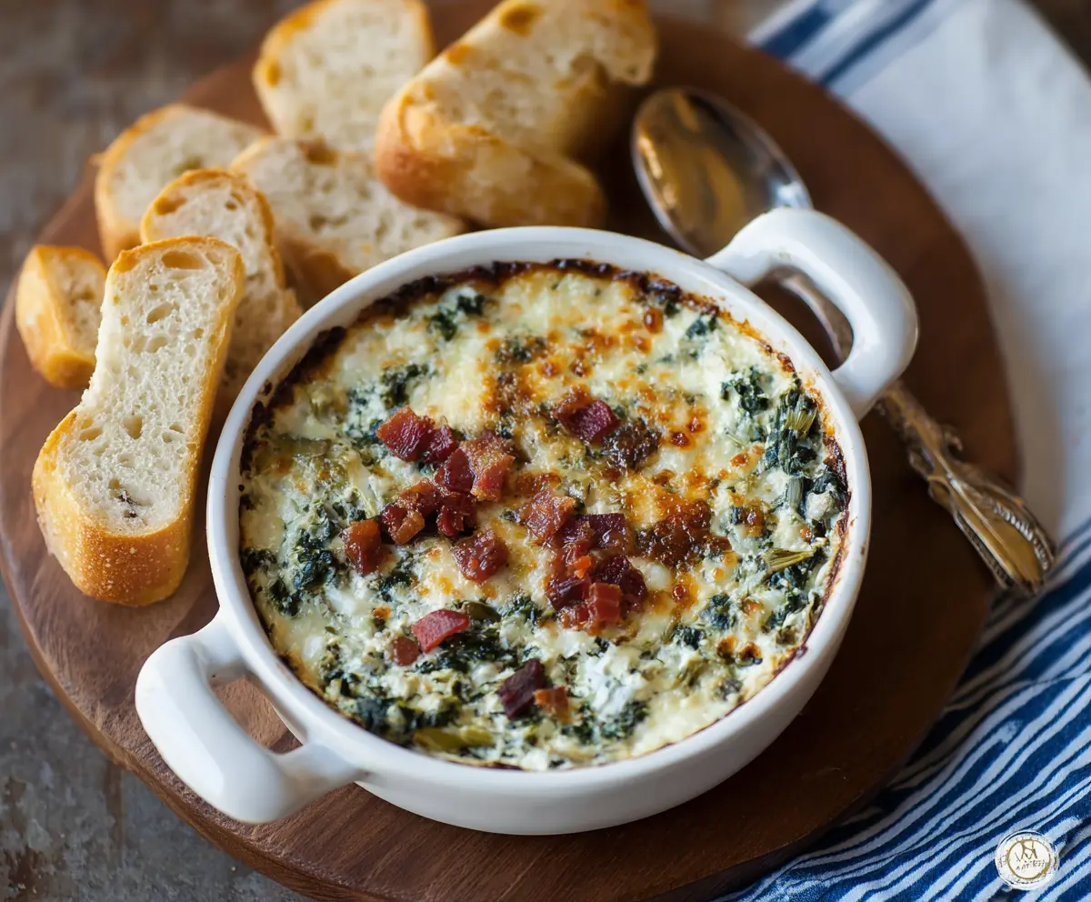 Delicious bacon spinach artichoke dip served in a bowl, perfect for appetizers and parties.