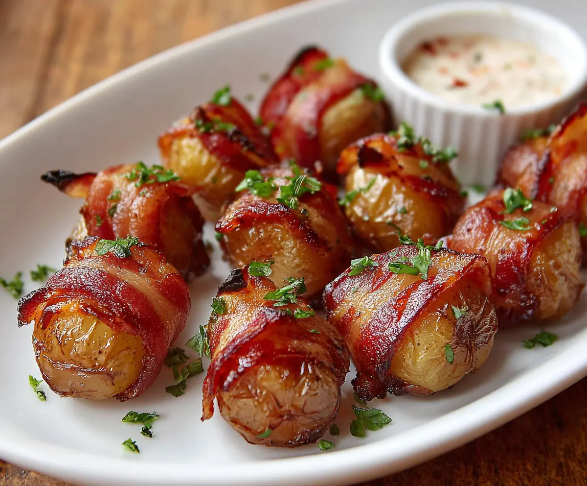 Delicious bacon wrapped potato bites served hot, perfect appetizer for parties.