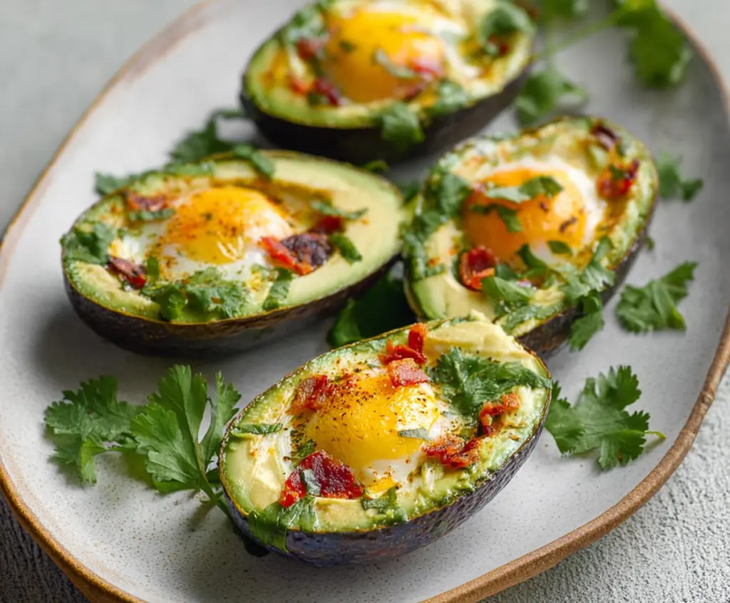 Delicious baked avocado egg boats with melted cheese and fresh herbs