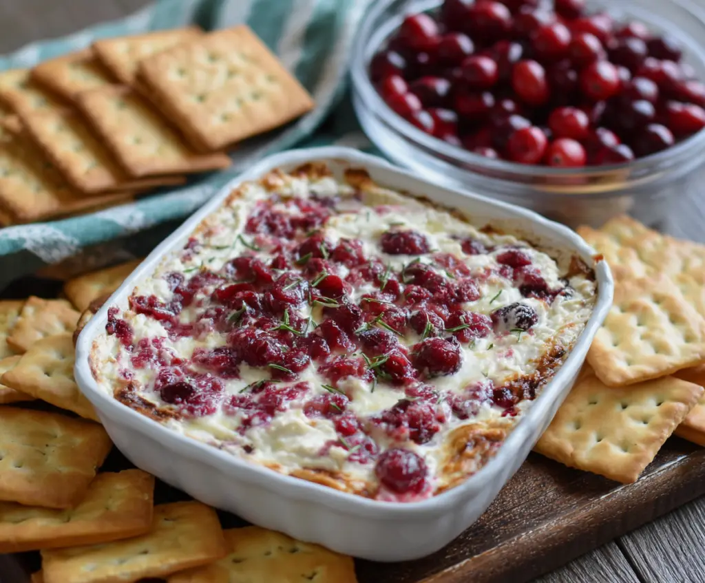 Creamy baked cranberry cream cheese dip served in a white bowl with fresh cranberries and herbs.