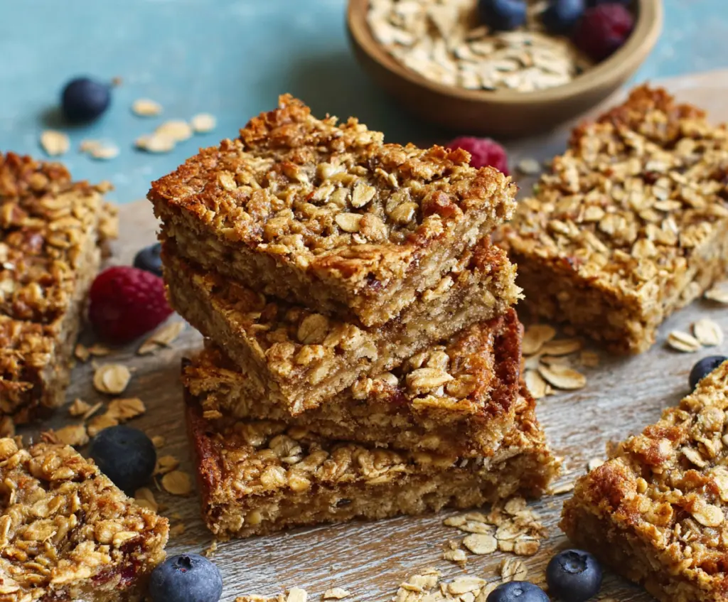 Homemade baked oatmeal bars on a plate, featuring a golden crust and wholesome ingredients for a healthy breakfast.