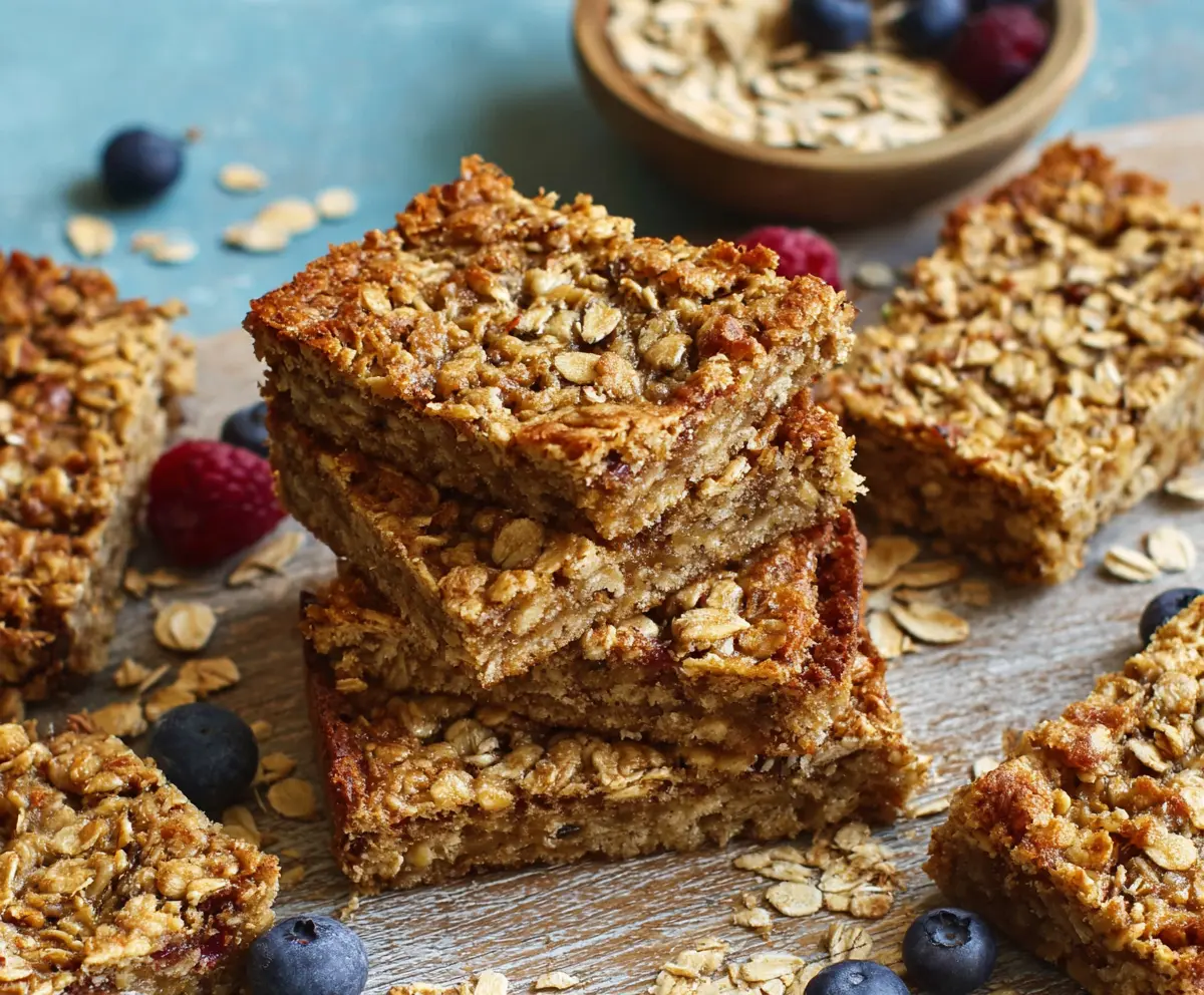 Homemade baked oatmeal bars on a plate, featuring a golden crust and wholesome ingredients for a healthy breakfast.