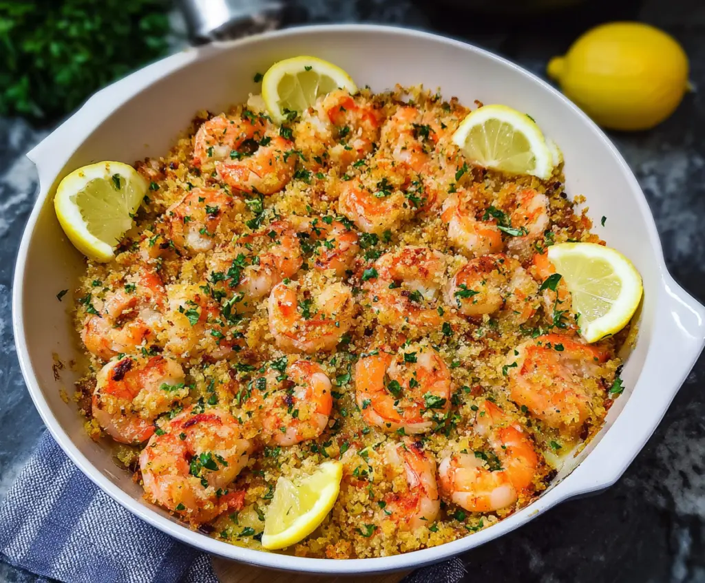 Delicious baked shrimp scampi garnished with fresh herbs and golden breadcrumbs served on a plate.