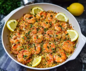 Delicious baked shrimp scampi garnished with fresh herbs and golden breadcrumbs served on a plate.