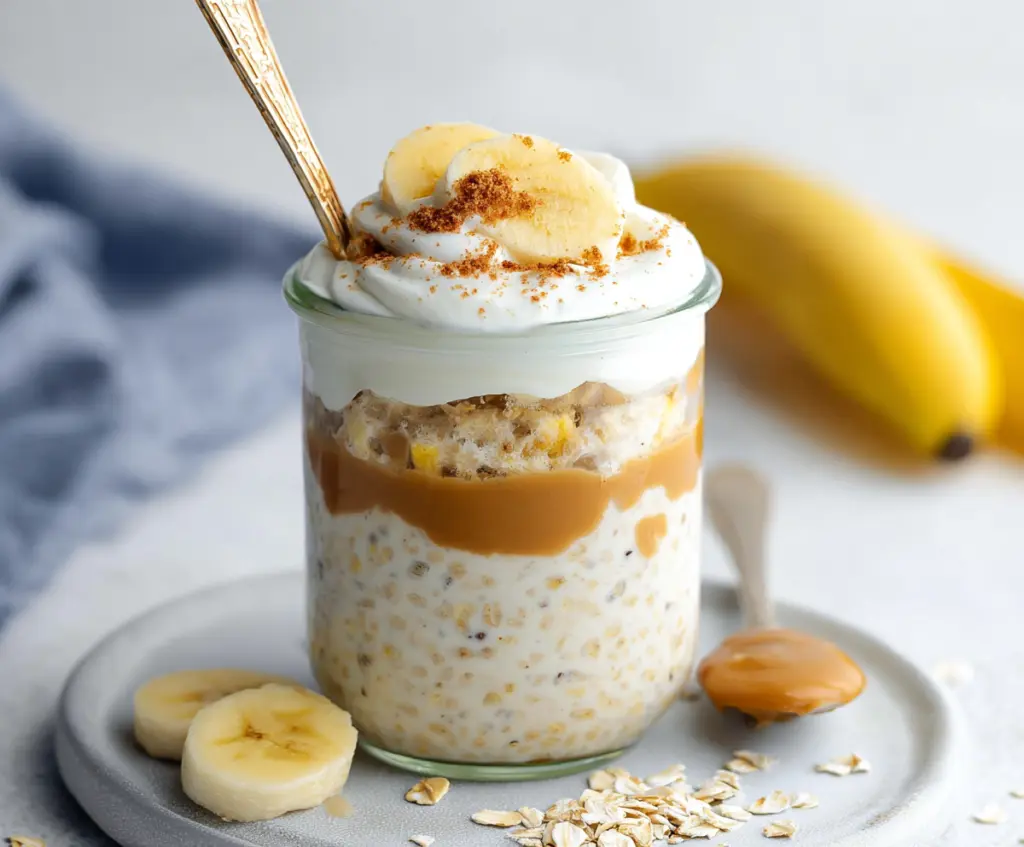 Healthy banana cream pie protein overnight oats in a glass jar with fresh bananas on top.