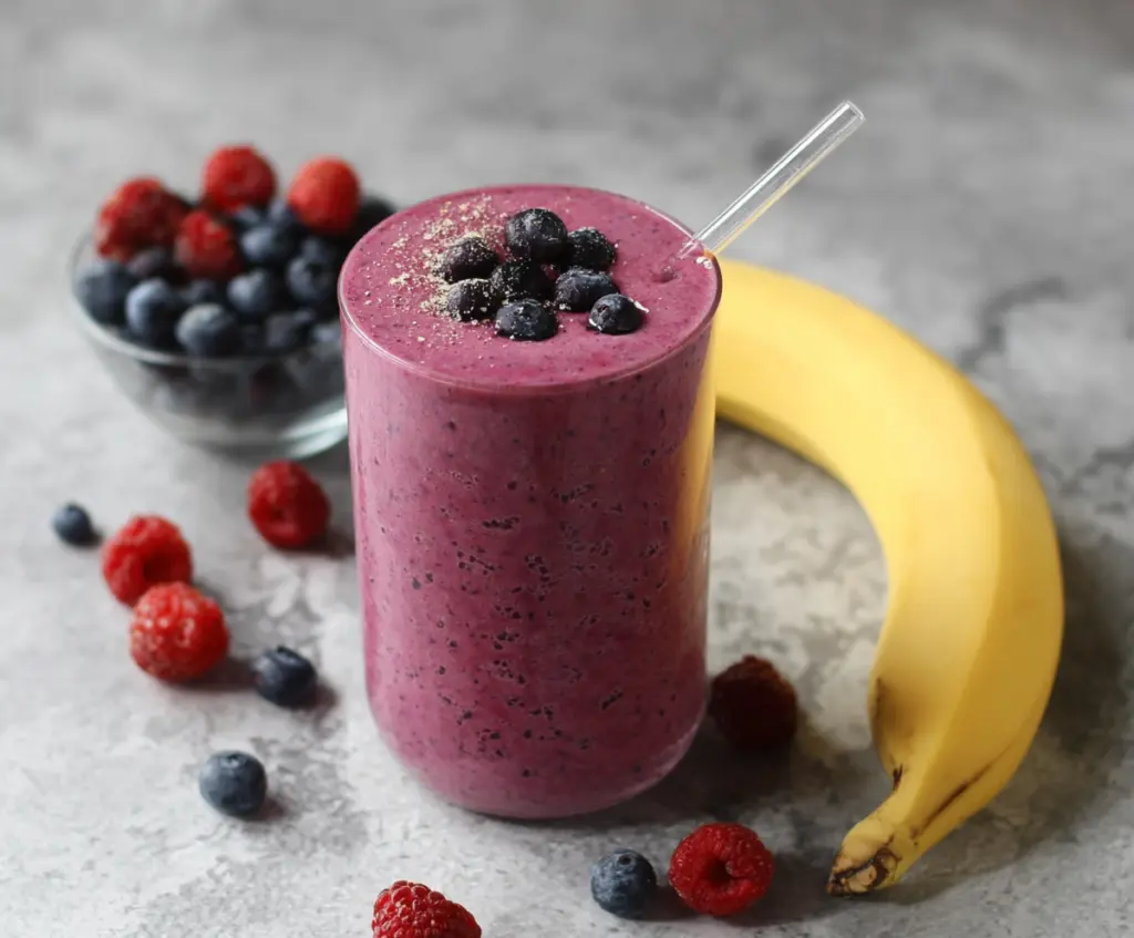 Healthy Berry Banana Smoothie with fresh strawberries, blueberries, and ripe bananas in a glass