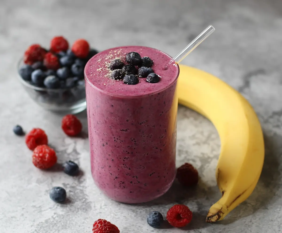 Healthy Berry Banana Smoothie with fresh strawberries, blueberries, and ripe bananas in a glass