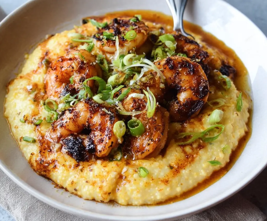 Delicious blackened shrimp served over creamy cheesy grits, perfect for a seafood appetizer or main course.