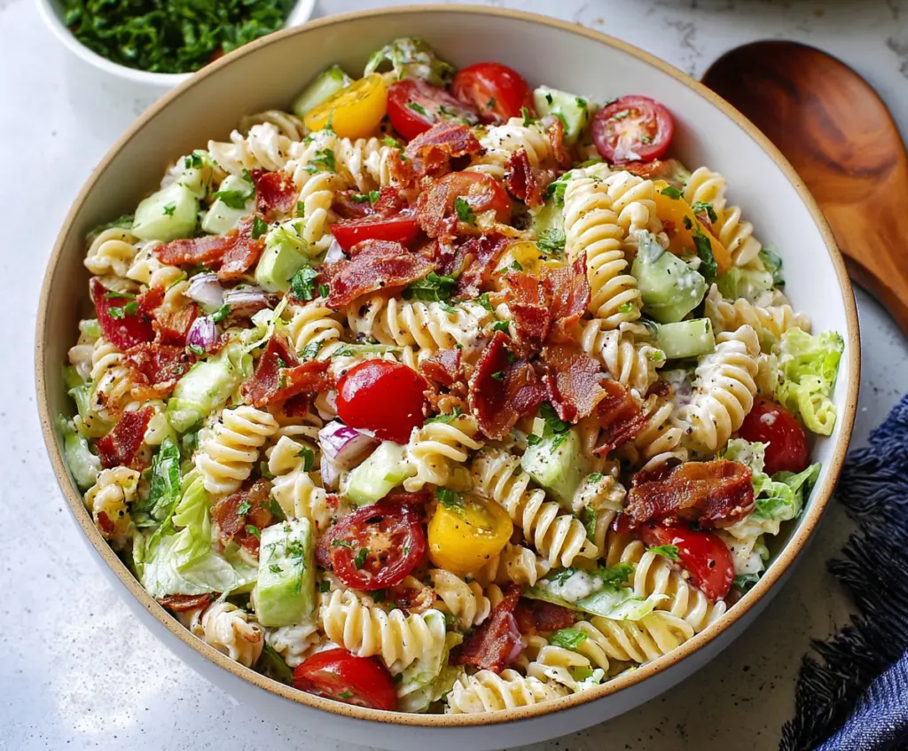 Fresh BLT Pasta Salad with crispy bacon, cherry tomatoes, and leafy greens in a bowl.