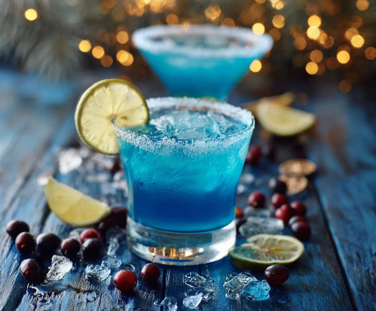 Festive Blue Christmas Cocktail garnished with holiday decorations for a winter celebration.